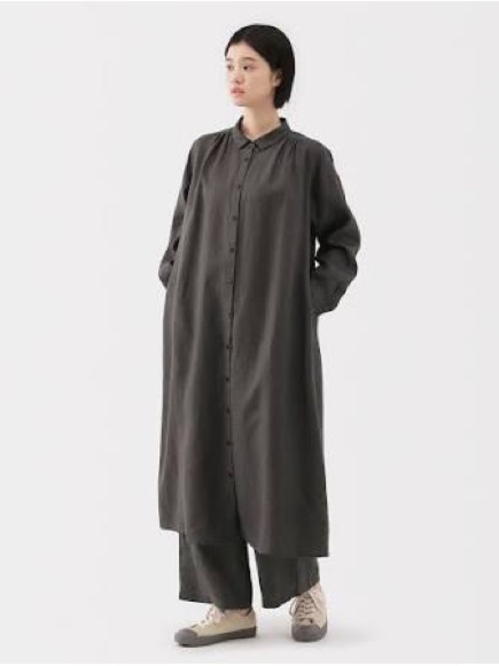 Muji 100% Washed Linen Shirt Dress in Charcoal